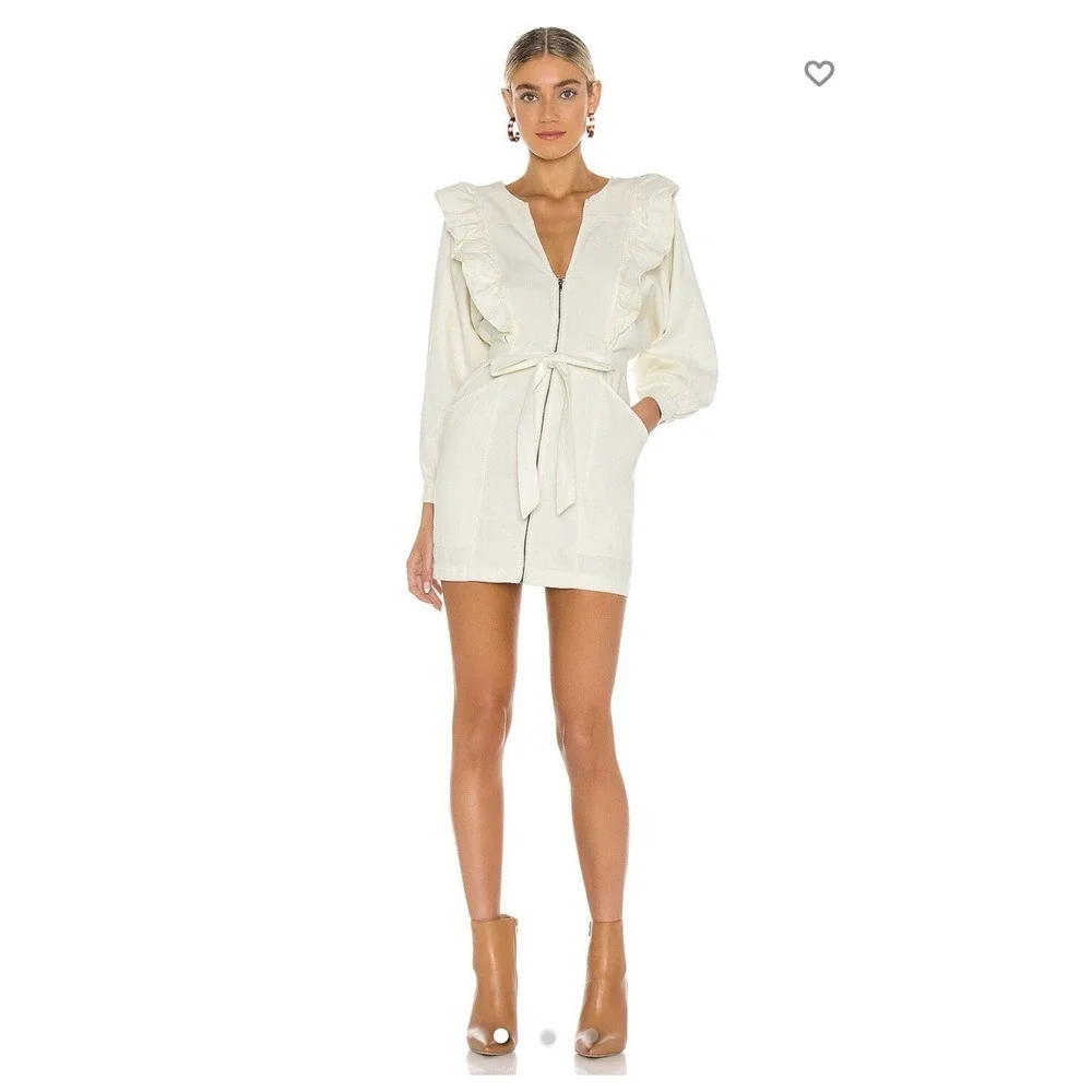 Free People Imogene Mini Dress XS Ecru Ruffle Utility Zip Front Belted